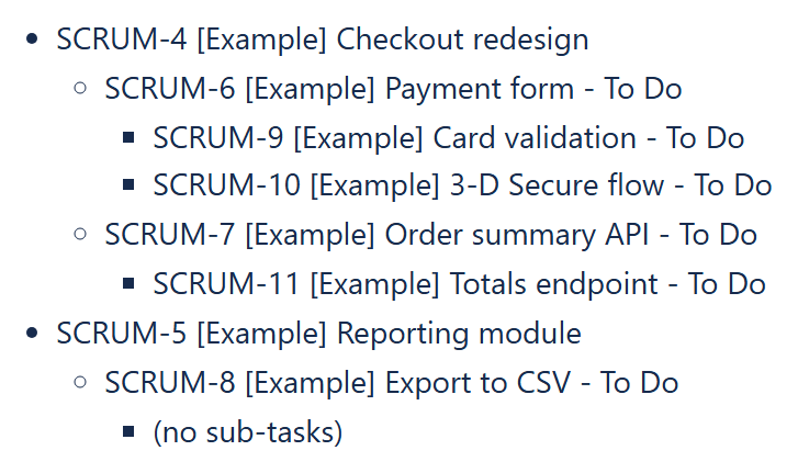 Reporting List View tree of Epics, Stories and Sub-tasks with status