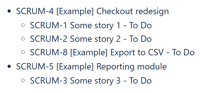 Reporting List View showing each Epic with its linked issues and their status underneath