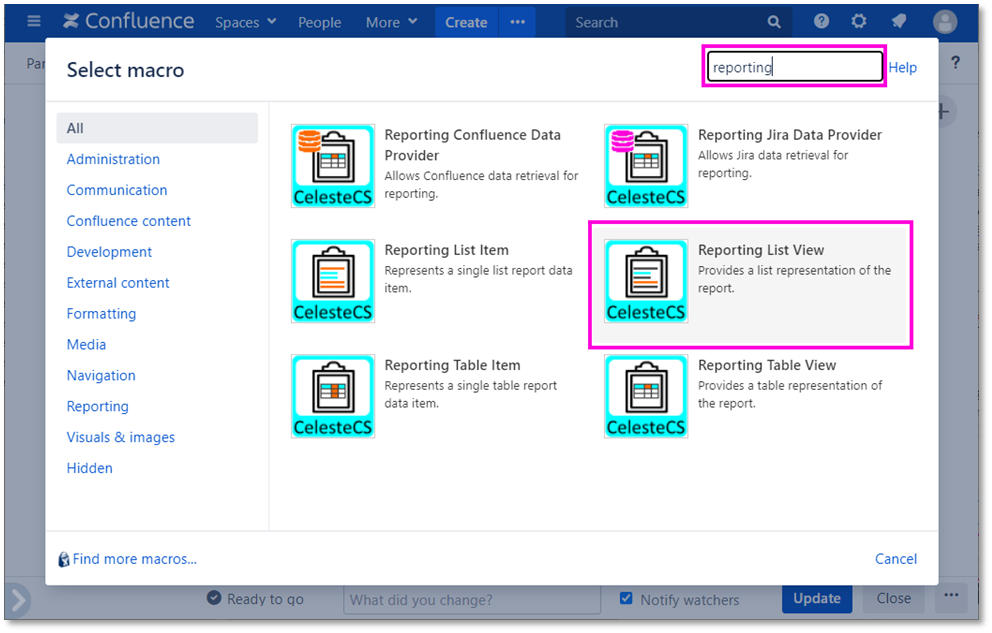 Example: Creating Jira issue tree: Open the macro browser, locate the Reporting List View macro and
