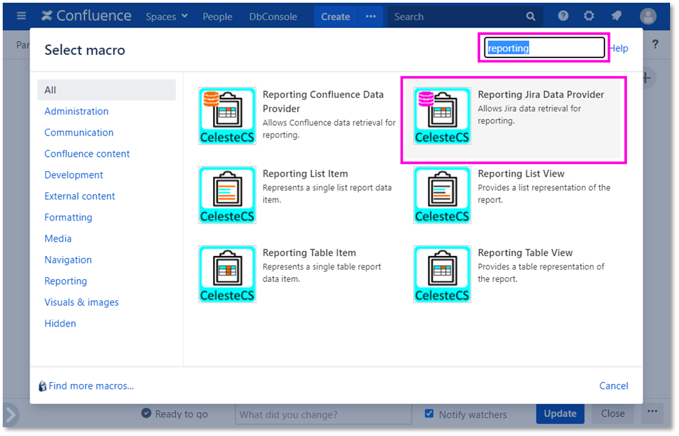 Example: Creating Jira issue tree: Open Insert macro menu, enter “Reporting” and click on Reporting