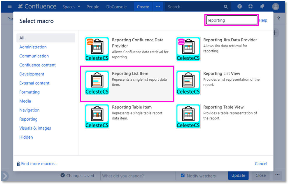 Example: Creating Jira issue tree: Open Insert macro menu, enter “Reporting” and click on Reporting