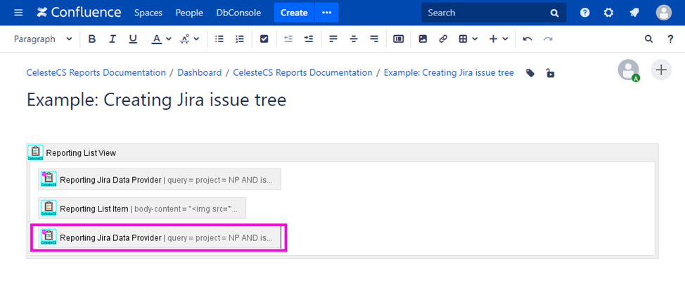 Example: Creating Jira issue tree: Save the properties of the macro, when you are done.