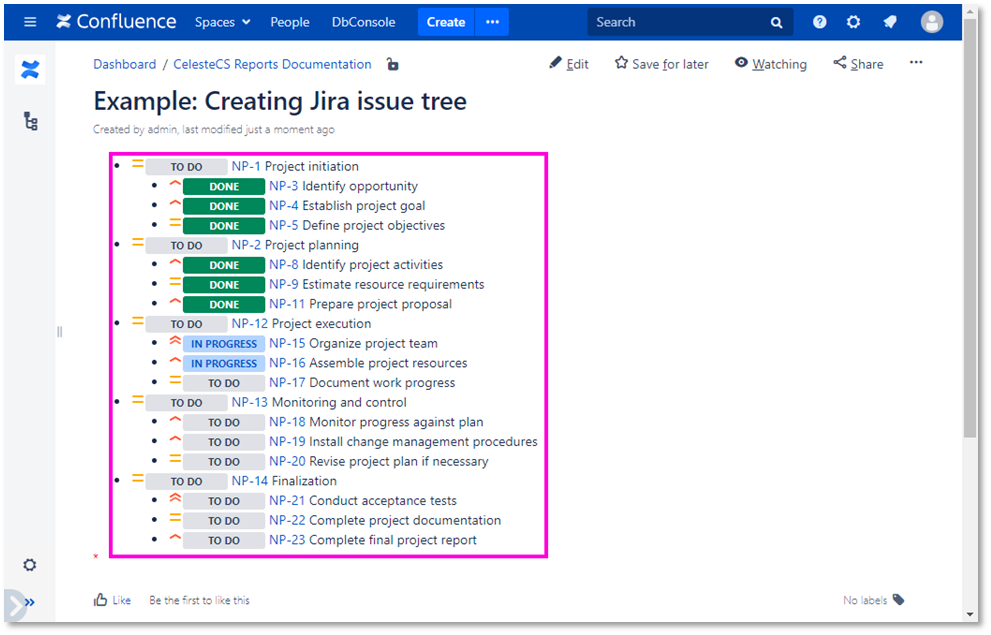 Example: Creating Jira issue tree: Save/Publish the page. You should see the list with the