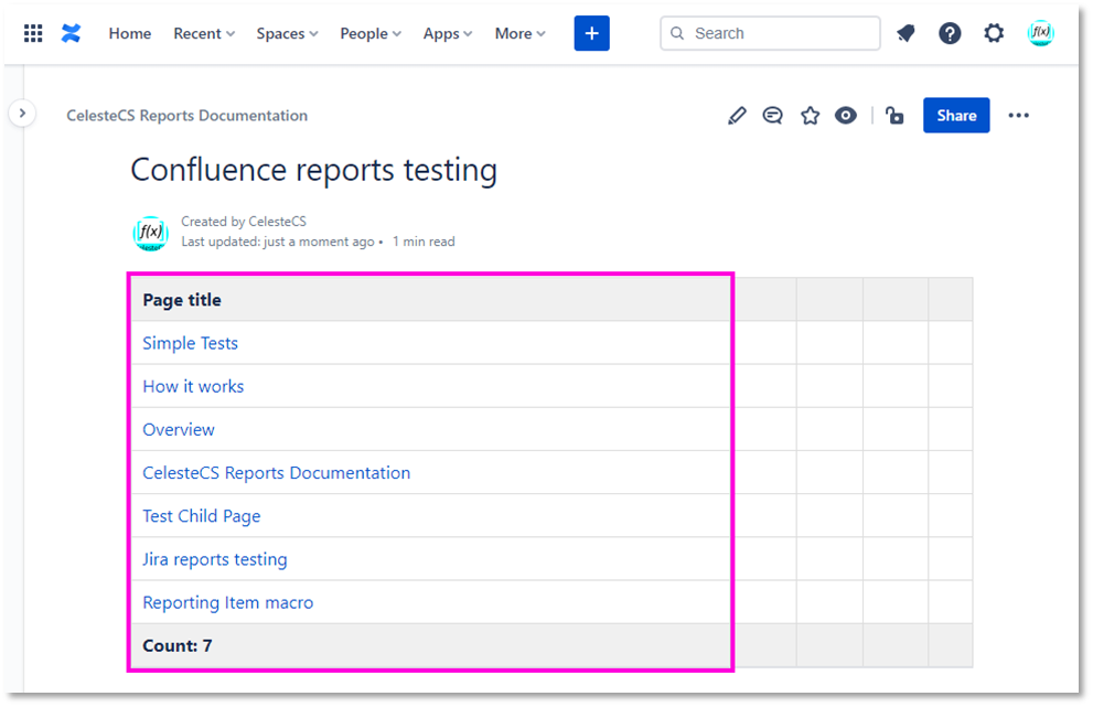 Example: Creating report on Confluence pages: Save/Publish the page. You should see the “Page