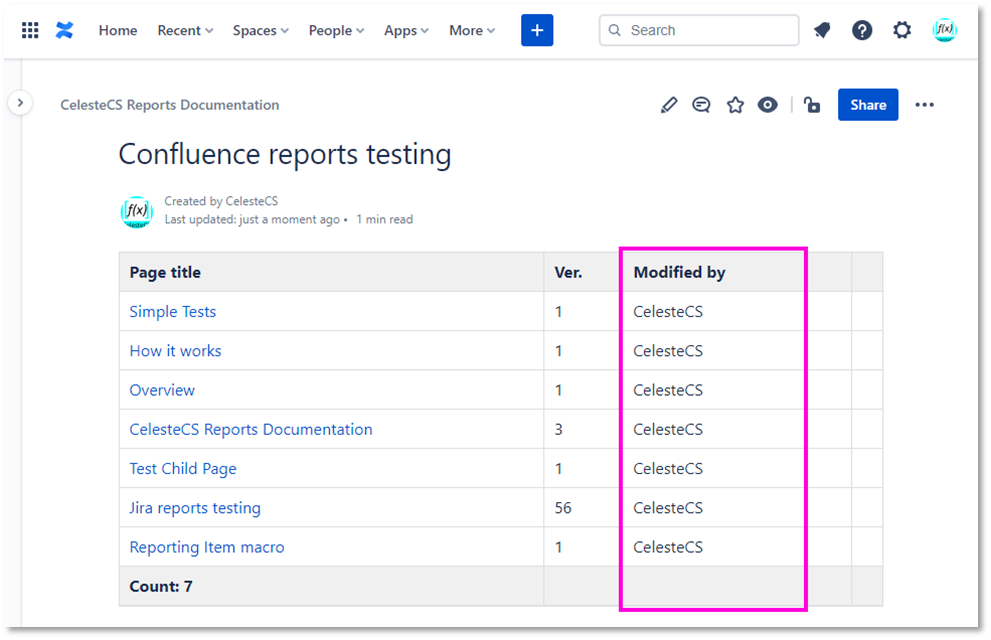 Example: Creating report on Confluence pages: Save/Publish the page. You should see the “Modified
