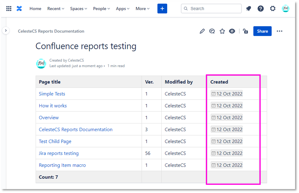 Example: Creating report on Confluence pages: Save/Publish the page. You should see the “Created”