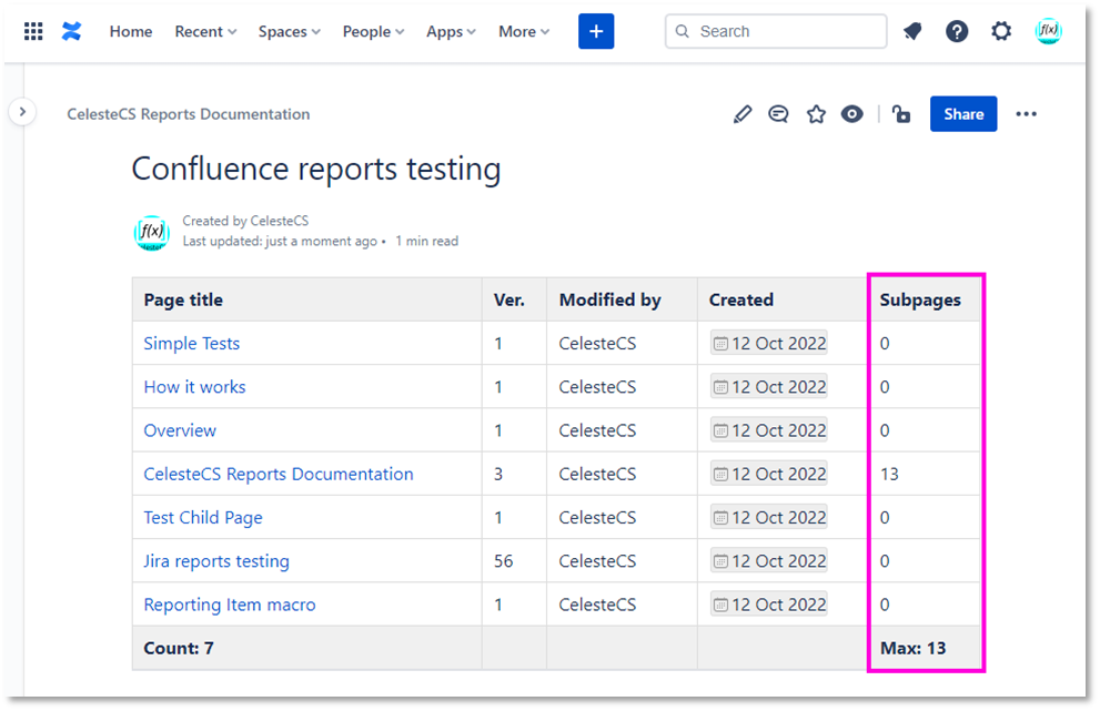 Example: Creating report on Confluence pages: Save/Publish the page. You should see the “Subpages”