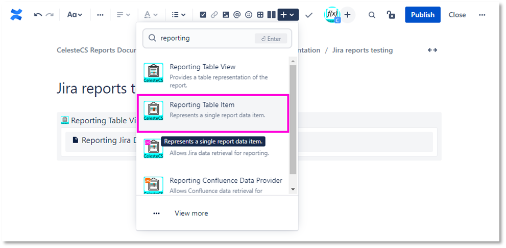 Example: Creating report on Jira issues: Click on the Reporting Table View macro body to put the