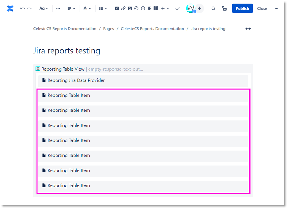 Example: Creating report on Jira issues: Note that the order of Reporting Table Item macros makes