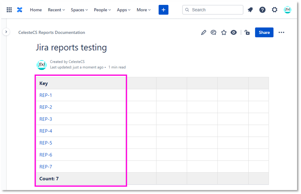 Example: Creating report on Jira issues: Save/Publish the page. You should see the “Key” column