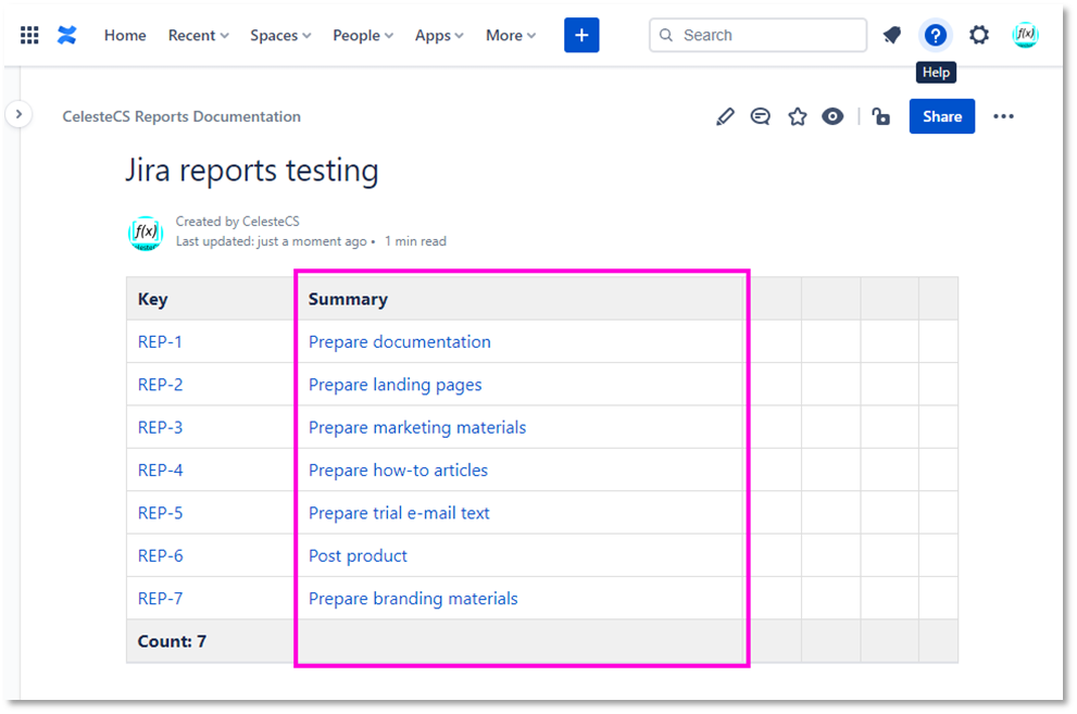 Example: Creating report on Jira issues: Save/Publish the page. You should see the “Summary” column