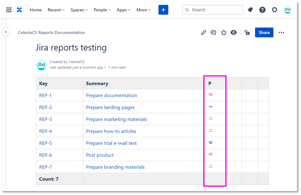Example: Creating report on Jira issues: Save/Publish the page. You should see the “P” column with
