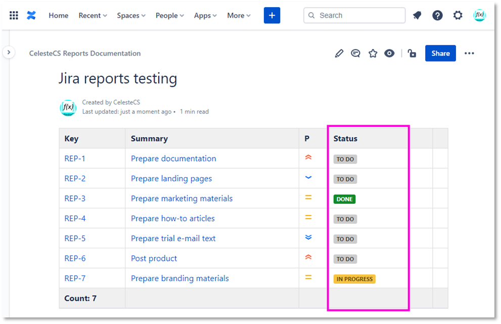 Example: Creating report on Jira issues: Save/Publish the page. You should see the “Status” column