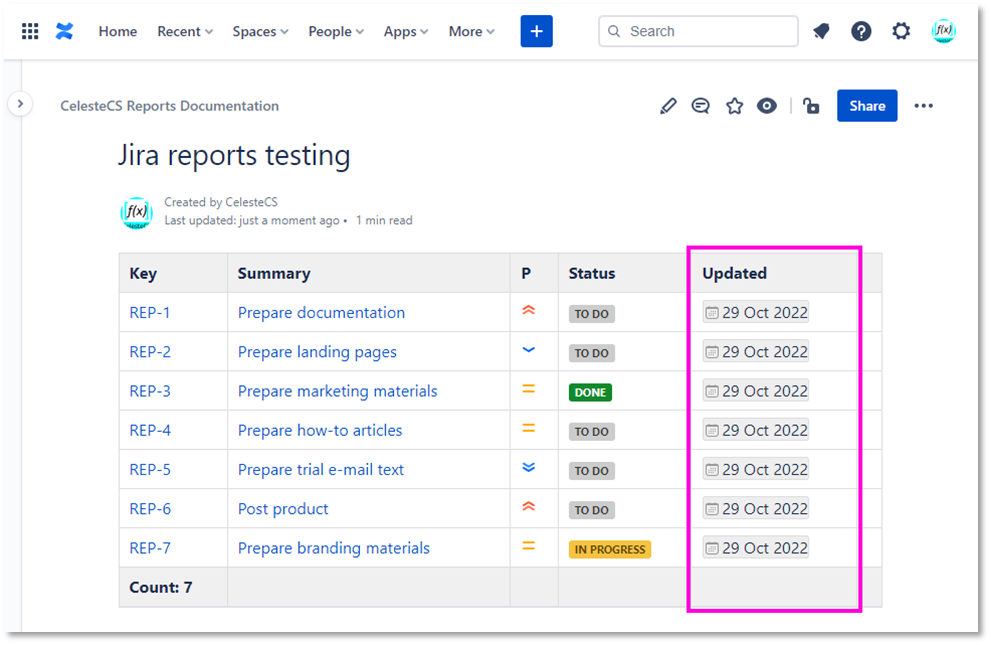 Example: Creating report on Jira issues: Save/Publish the page. You should see the “Created” column