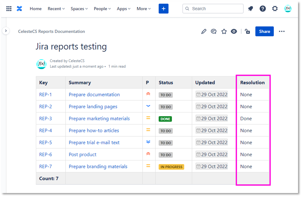 Example: Creating report on Jira issues: Save/Publish the page. You should see the “Resolutions”