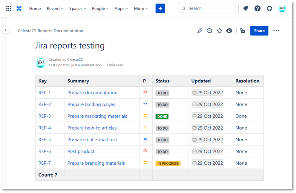 Example: Creating report on Jira issues: As a result, we’ve got a report on Jira issues. It shows