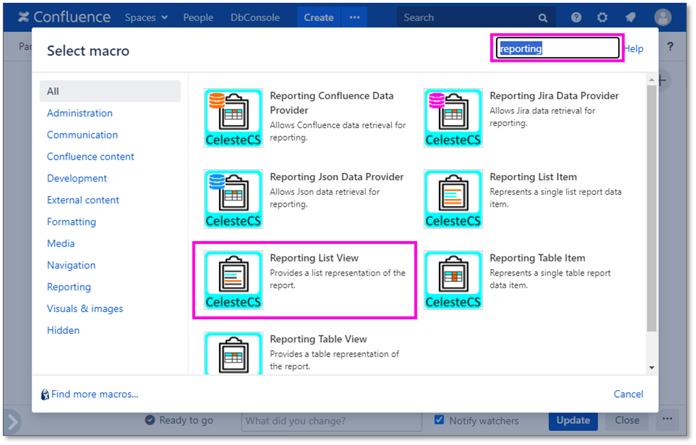 Example: Listing Jira issues by assignee: Open the macro browser, locate the Reporting List View