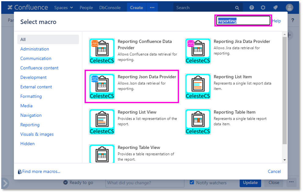 Example: Listing Jira issues by assignee: Open Insert macro menu, enter "Reporting" and