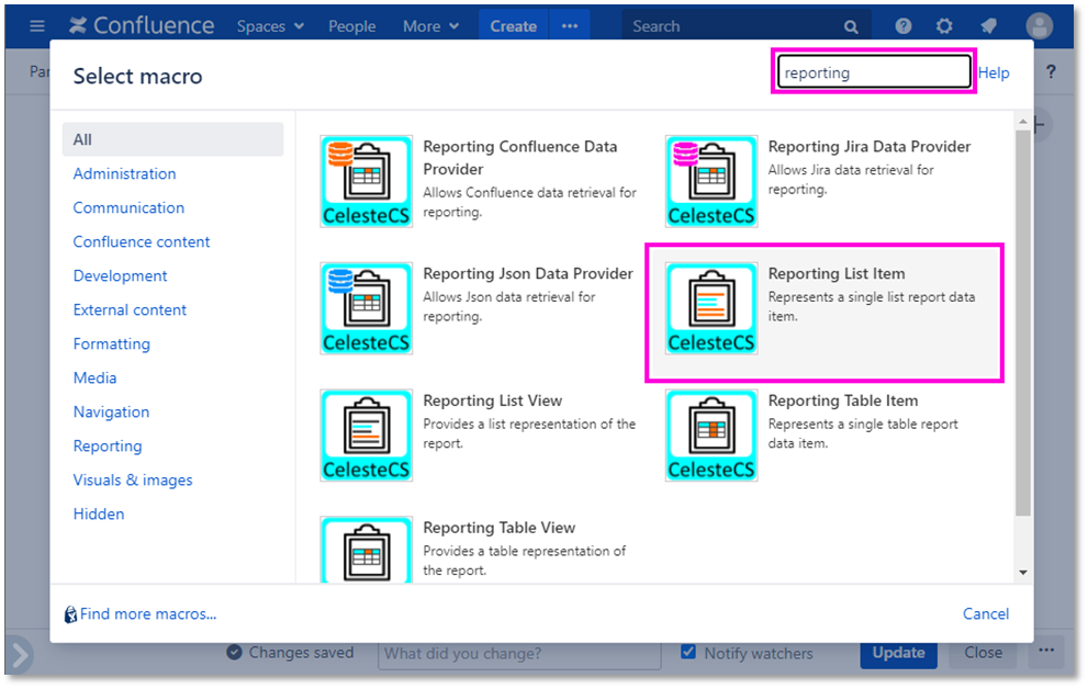 Example: Listing Jira issues by assignee: Open Insert macro menu, enter "Reporting" and