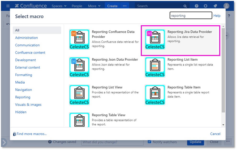 Example: Listing Jira issues by assignee: Open Insert macro menu, enter "Reporting" and
