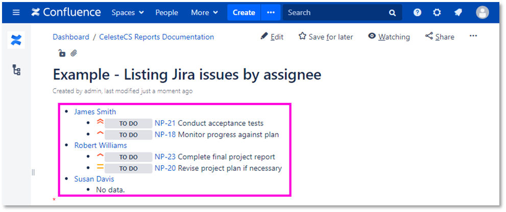 Example: Listing Jira issues by assignee: Save/Publish the page. You should see the list with the
