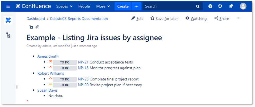 Example: Listing Jira issues by assignee: As a result, we’ve got a report on Jira users and their